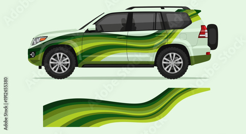 Green vehicle with flowing graphic wrap and abstract stripes on a light background.