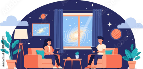 Two people in a cozy room looking out at a galaxy