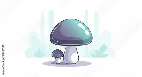 Two whimsical, stylized mushrooms in muted purple and teal hues, set against a soft pastel forest