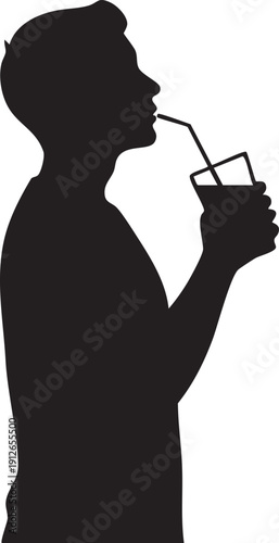Person holding a glass with a straw and taking a sip silhouette isolated on white background minimalist drinking juice and refreshment illustration