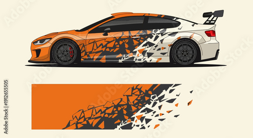 Vibrant orange and white race car with bold graphics and speed motif.