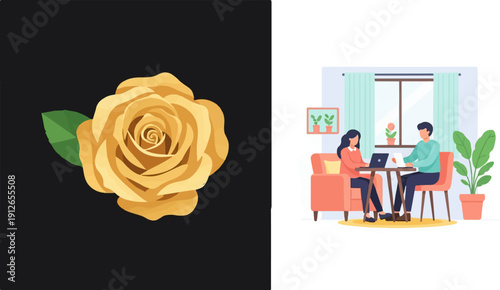 Two people work on laptops at a table in a cozy room with a rose