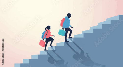 Two figures ascend a blue staircase, carrying backpacks and briefcases