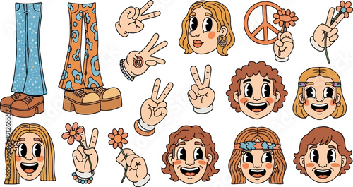 Vibrant 1970s style cartoon illustrations of peace symbols, flowers and people