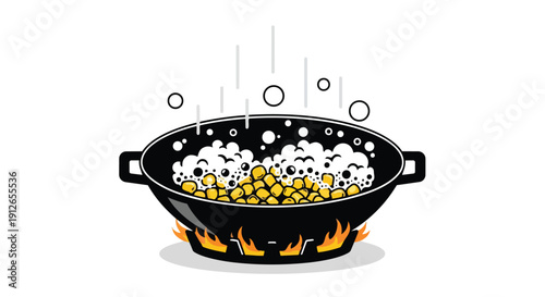 Vibrant black pot on a stove, cooking golden corn kernels in a frothy liquid with rising steam and lively bubbles, crafting an engaging culinary