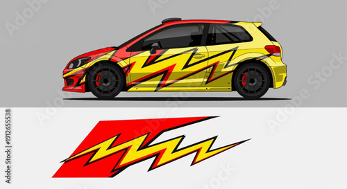 Sleek hatchback race car with bold yellow and red lightning graphics, studio presentation.