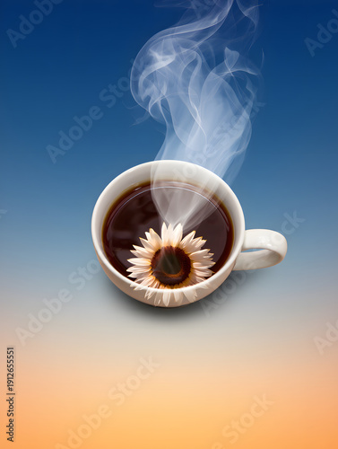 A steaming cup of coffee with a flower design on the foam against a sky background