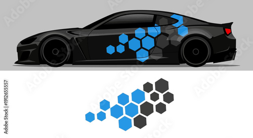 Sleek black sports coupe with blue hexagonal pattern wrap design and chrome gloss finish.