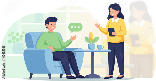 Two people in a room talking, one sits, one stands with a tablet