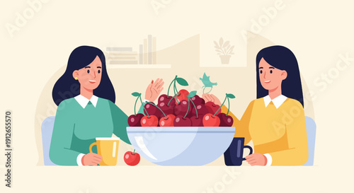 Two women share a bowl of cherries with beverages