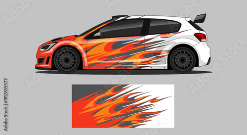 Flaming decal design on a sports car featuring bold flame graphics and racing styling.