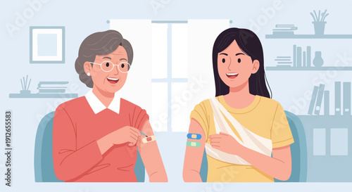 Two women, an elder and a younger one, with band-aids on their arms