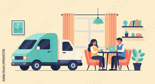 Two people work and relax near a delivery van in a cozy indoor setting