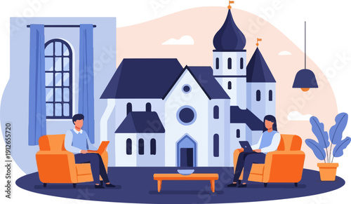 Two people in armchairs using laptops in front of a stylized building