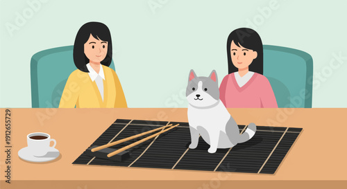 Two women and a dog sit at a desk with coffee and sushi setup