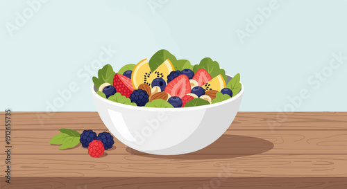 Vibrant fruit salad with berries, nuts, and kiwi slices in a bowl