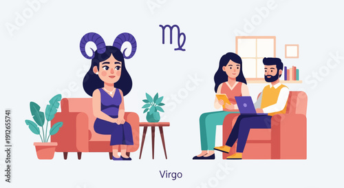 Two women and a man are in a room, one woman has ram horns