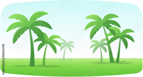 Vibrant green palm trees sway under a hazy, pale blue sky