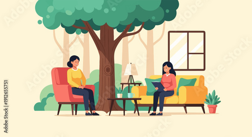 Two women sitting in chairs, talking in a cozy room setting