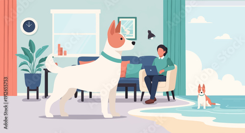 Two dogs and a person work on a laptop in a modern, brightly lit living room