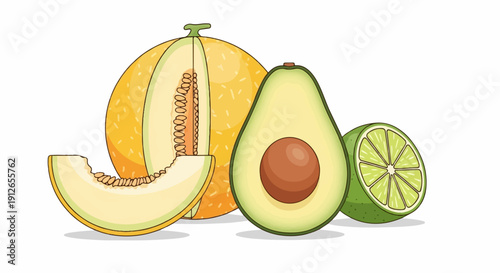 Vibrant illustration of a halved avocado, a cut melon, and a lime slice