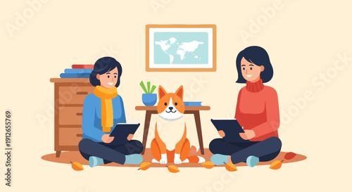 Two women and a dog sit on floor, using tablets, with a map on wall