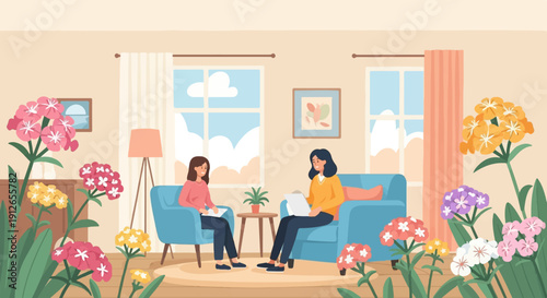Two women talk in a cozy room surrounded by blooming flowers