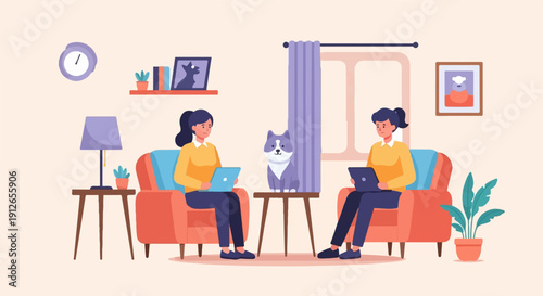 Two women work on laptops in cozy chairs, a dog sits between them
