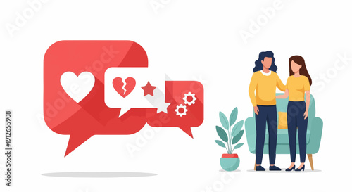 Two people stand next to a sofa with a potted plant and chat bubbles