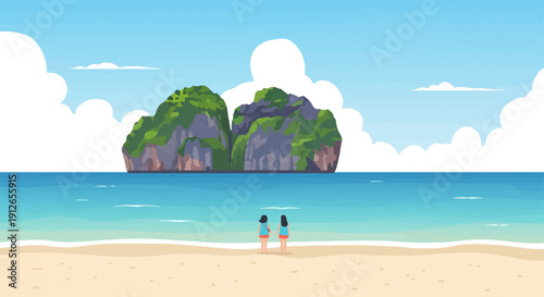 Two people stand on a sandy beach facing the ocean and rocky islands