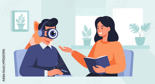 Two people in conversation, one with unique eyewear and headphones