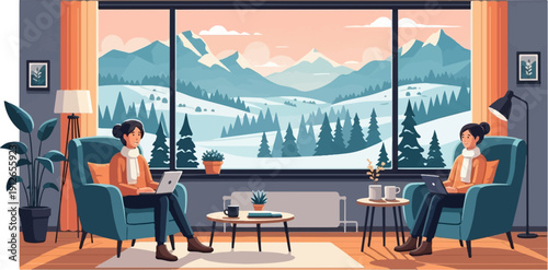 Two women work on laptops in cozy armchairs with a snowy mountain landscape view