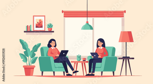 Two women work on laptops while relaxing in cozy armchairs in a home office