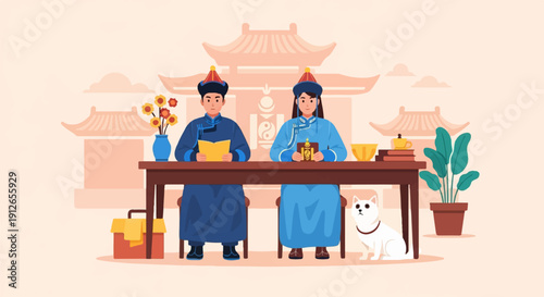 Two people in traditional blue attire seated at a table with books, plants, and a dog