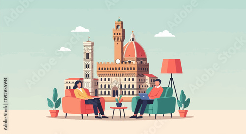 Two people in cozy chairs with a laptop and book before Italian architecture