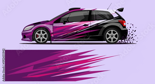 Vibrant purple race car with graphic decals on a light purple background.