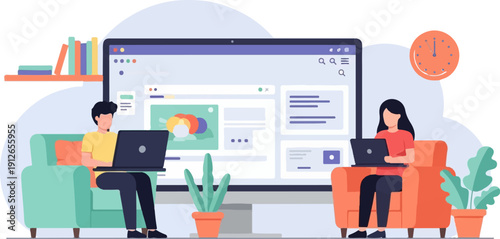 Two people sitting on sofas using laptops with a large computer screen