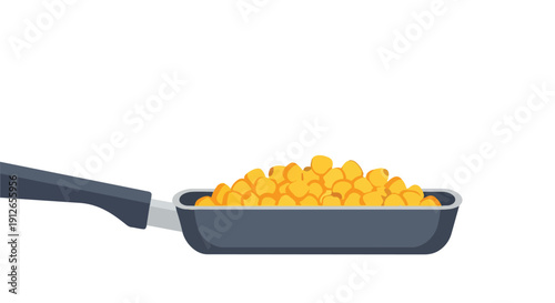 A vibrant and detailed illustration depicts a dark cooking pan brimming with an abundance of bright yellow corn kernels, symbolizing fresh produce