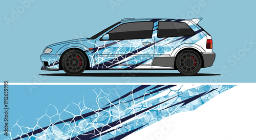 Blue Ice Themed Racecar Illustration Featuring Dynamic Decals and Futuristic Styling.