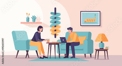 Two people interacting in a living room with stylized decor