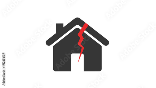 Split House Icon with Red Crack. Symbol of Property Damage, Real Estate Crisis, Divorce, Separation, or Structural Failure.