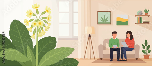 Two people sit on a sofa, one holding a clipboard, near a large plant