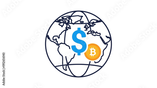 Global Finance Icon: Dollar Sign and Bitcoin on World Map Outline Symbolizing Digital and Traditional Currency