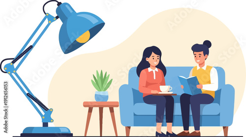 Two people sit on a couch, one reading, with a lamp nearby