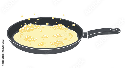 An illustration showcasing a creamy yellow mixture gently bubbling and simmering within a sleek, dark frying pan, suggesting a warm and delightful