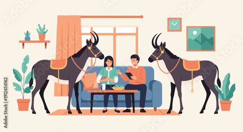 Two people sit on a couch in a room with two donkeys, a plant, and artwork