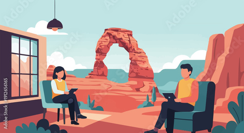 Two people sit indoors with tablets, viewing a desert landscape with rock formations