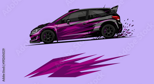 Vibrant purple sports car illustration featuring dynamic swoosh and bold design elements.
