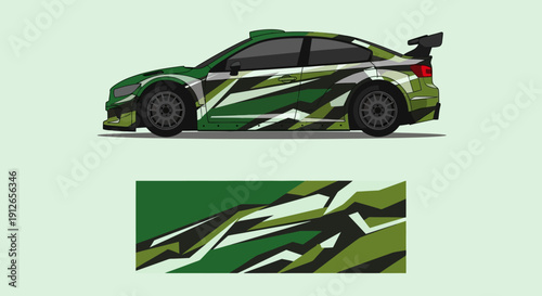 Green camouflage-liveried race car with aerodynamic design.