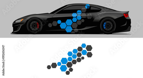 Sleek black sports car featuring blue hexagonal pattern decals and futuristic aerodynamics on a glossy finish.